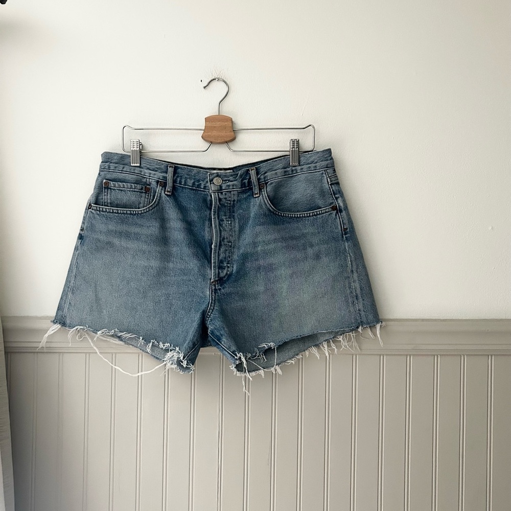 Agolde Light Blue Distressed Denim Jean Shorts